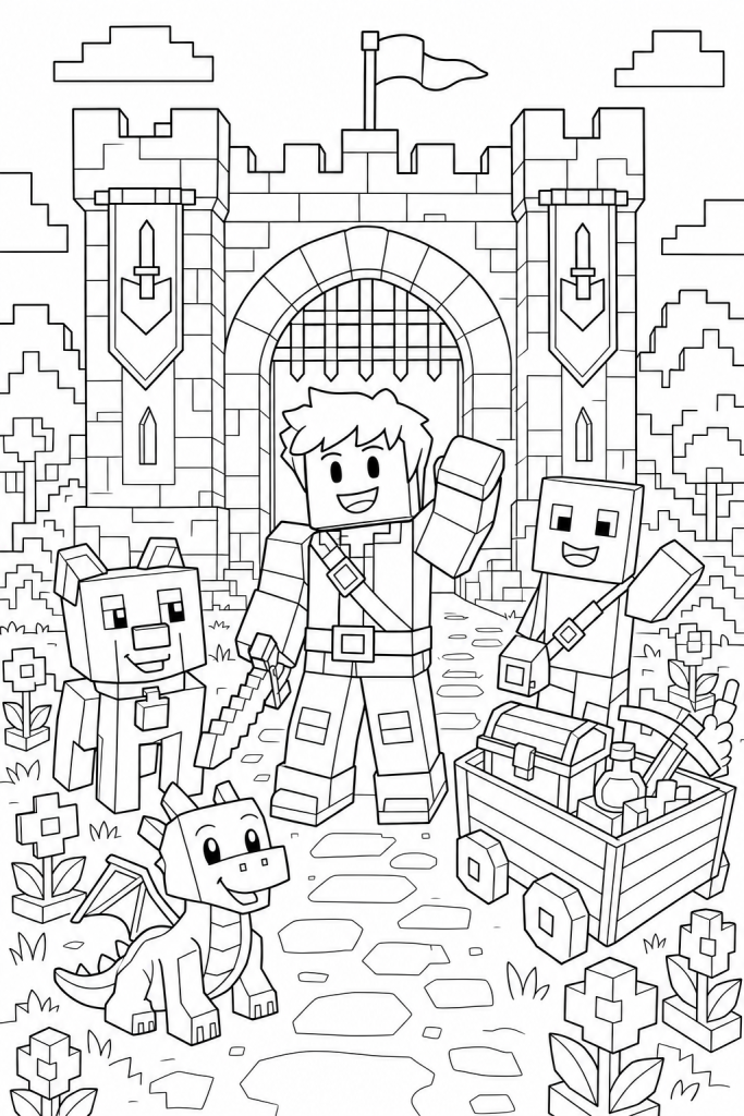 A hero and two friendly creatures standing by a castle gate.