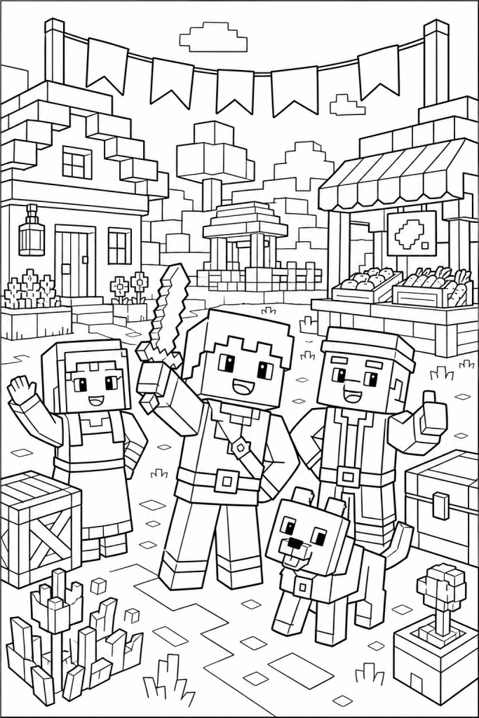 A child and friendly villagers in a simple blocky village parade scene.