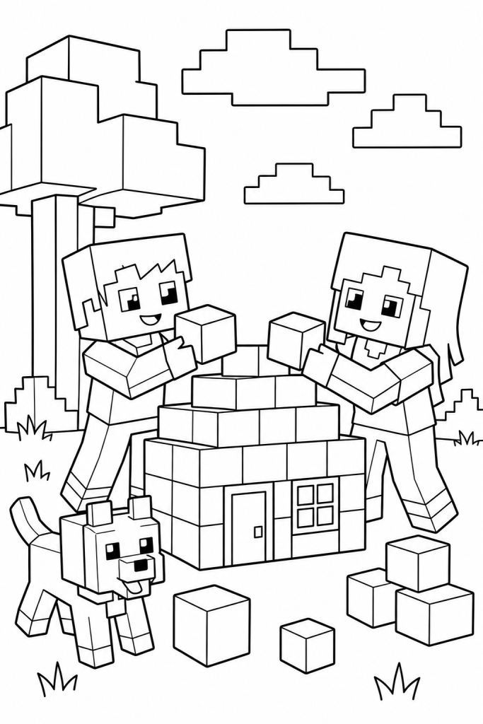 Two child avatars building a small house together.