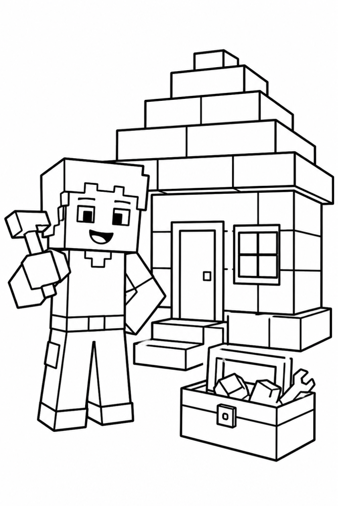 A child builder beside a blocky house with tools.