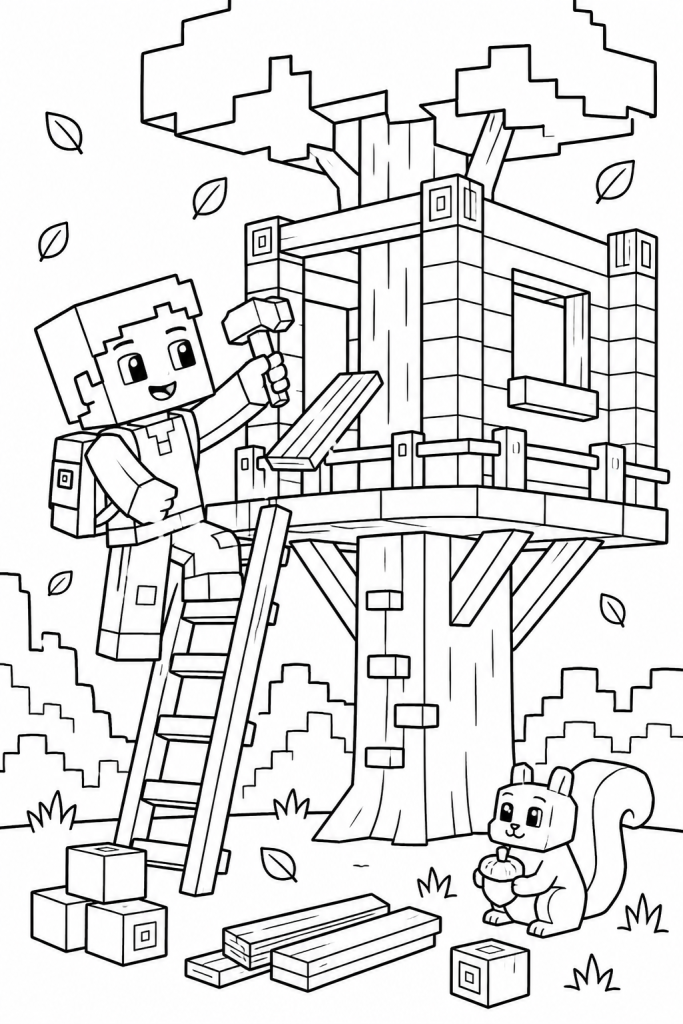 A child-friendly builder working on a treehouse in a blocky adventure style.