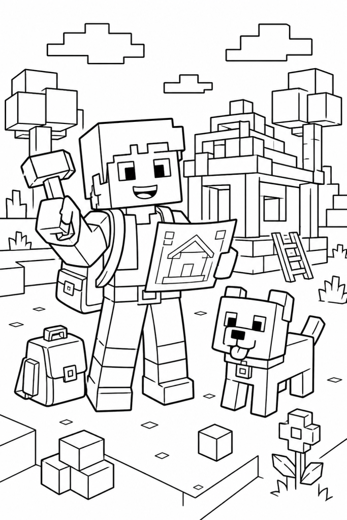 A friendly blocky builder holding tools in a simple building scene.