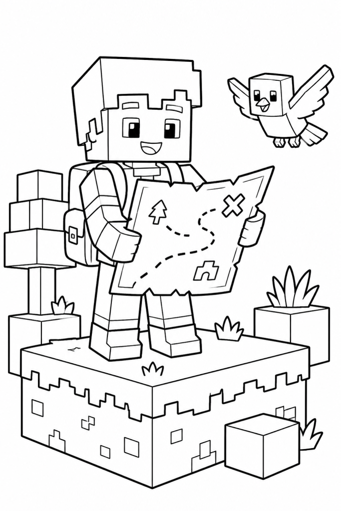 A cute blocky explorer holding a quest map with a friendly bird beside them.