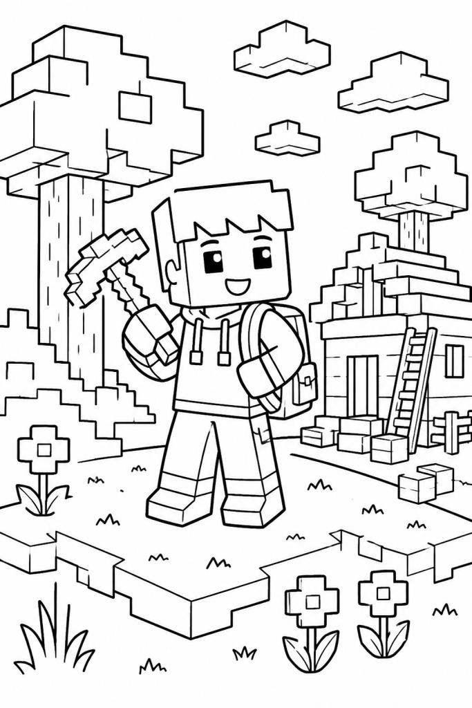 A child explorer in a blocky adventure world with a small house, trees, and flowers.