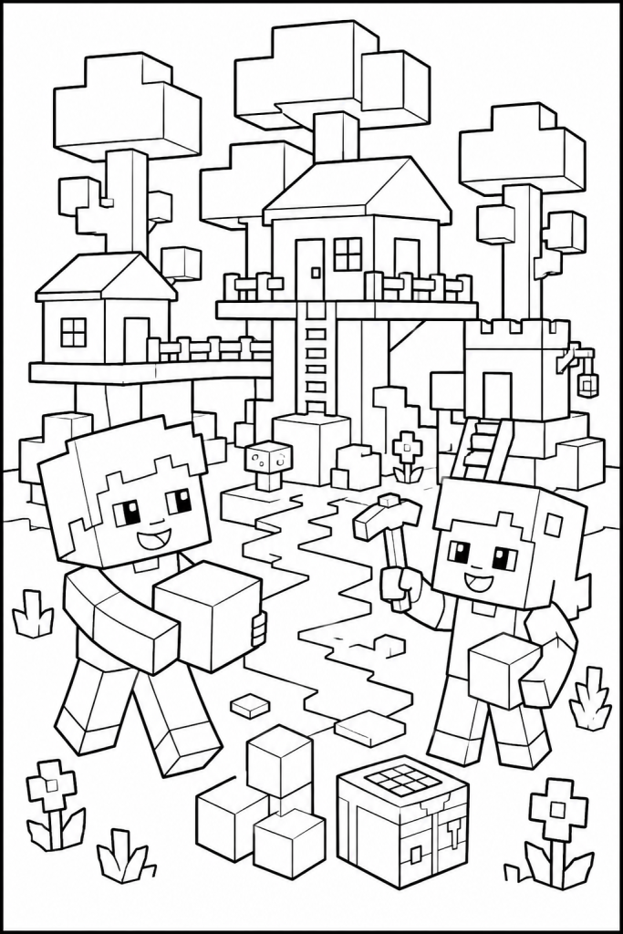Two blocky kids building a tiny village with blocks and a treehouse.