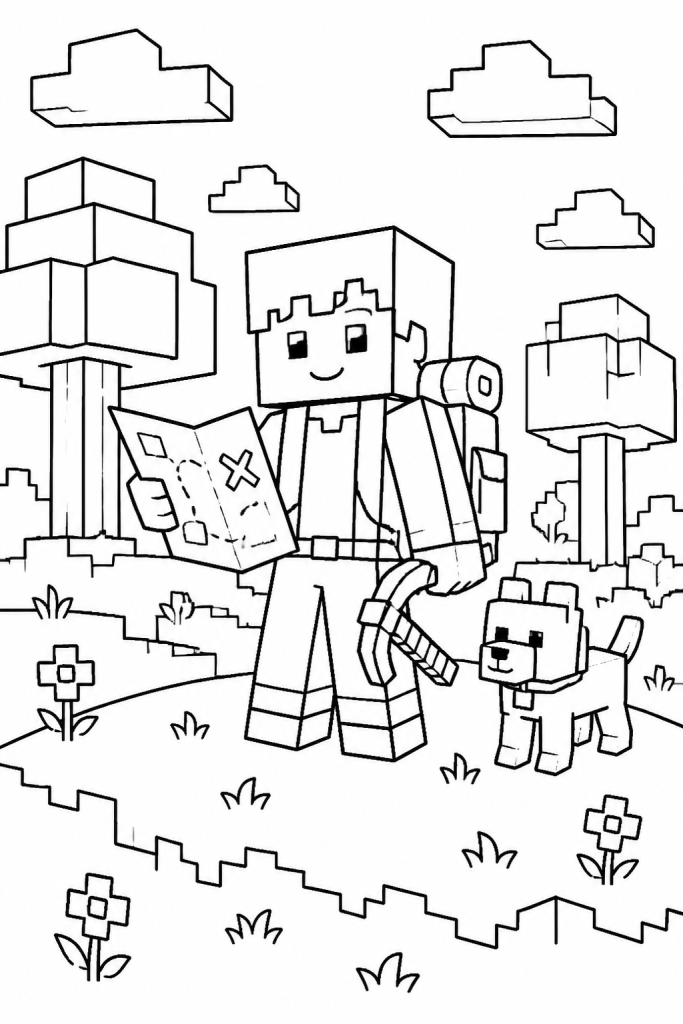 A blocky adventure explorer with a backpack, map, and pet on a grassy hill.