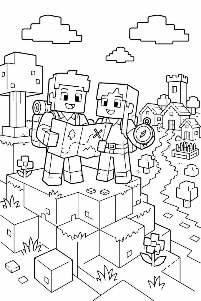Two explorers with a map standing on a cube hill in a blocky world.