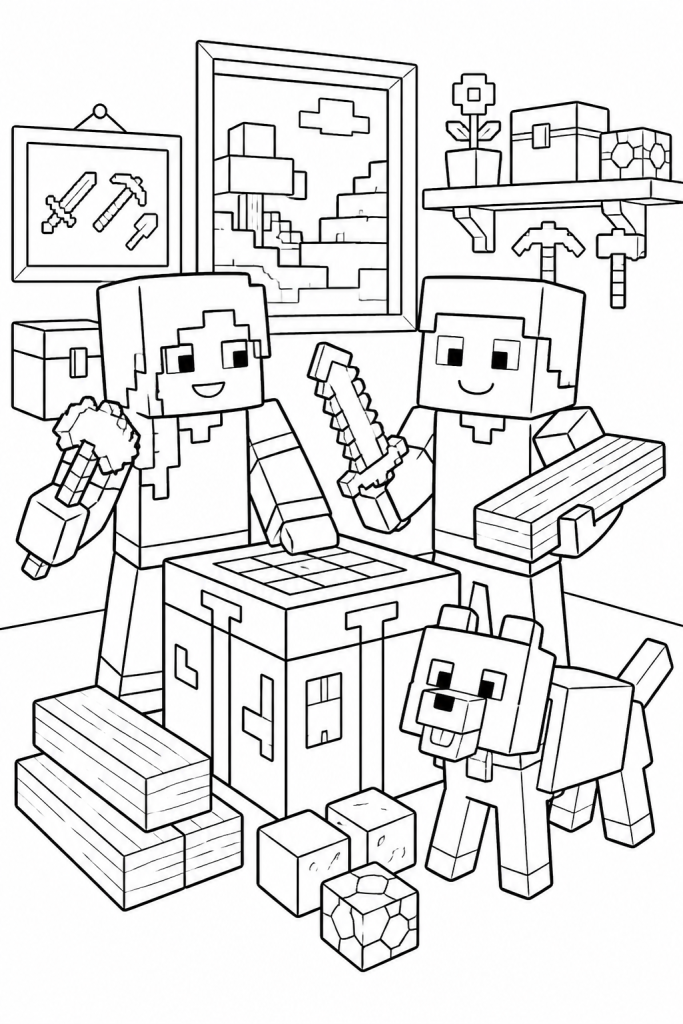 Two friendly characters crafting with tools beside a pet animal.