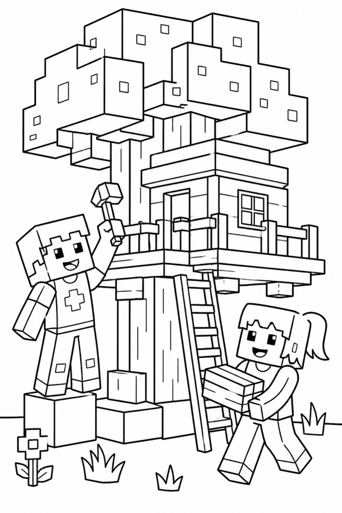 Two children work together to build a treehouse in a blocky world.