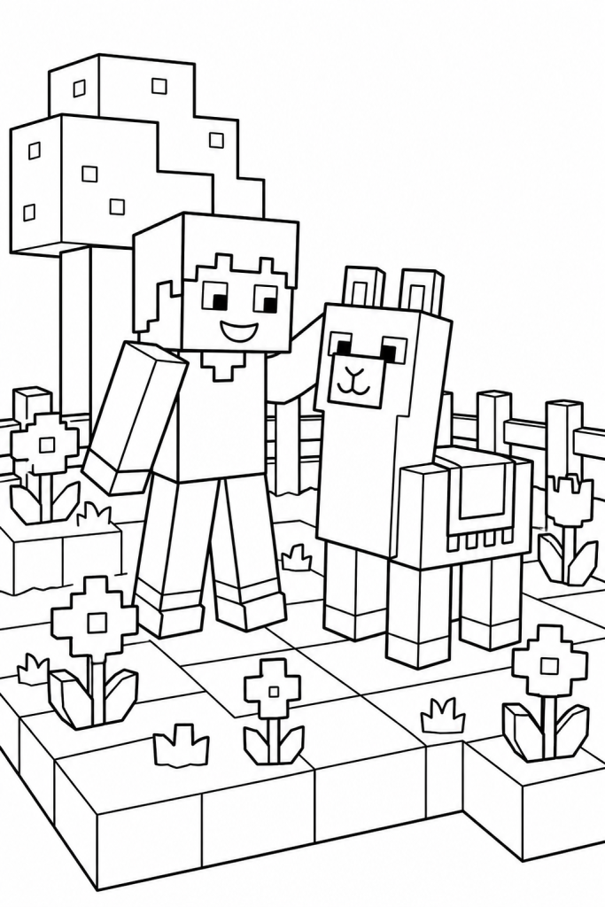 A child with a friendly blocky animal helper in a garden.