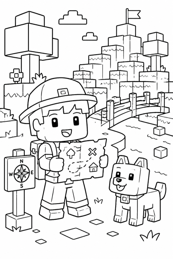 A child explorer with a map in a blocky adventure landscape.