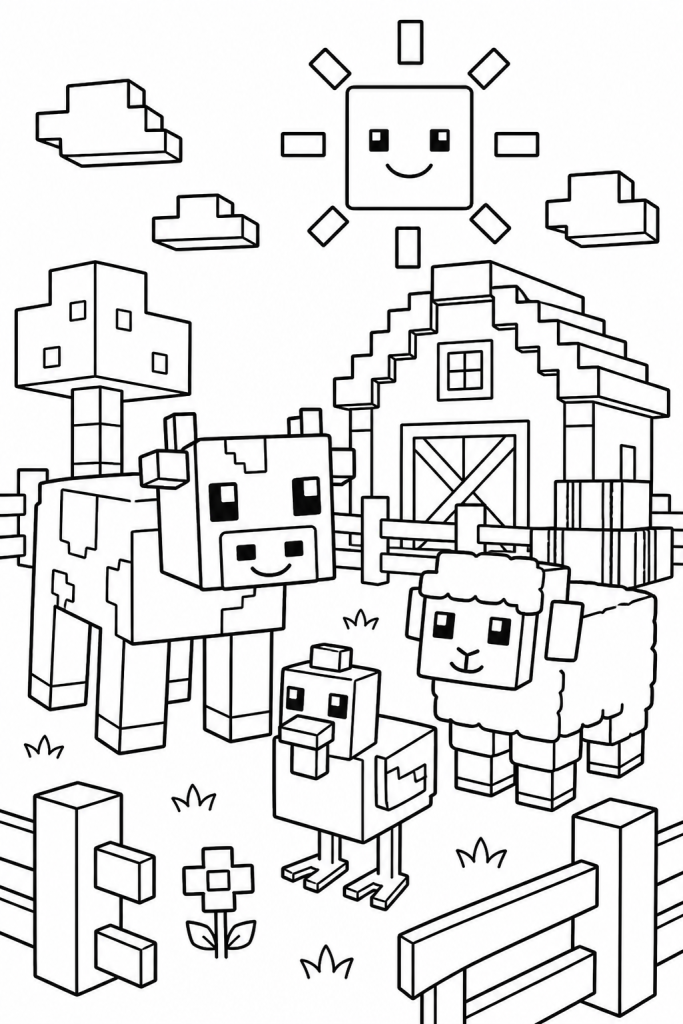 A blocky farm with friendly animals.