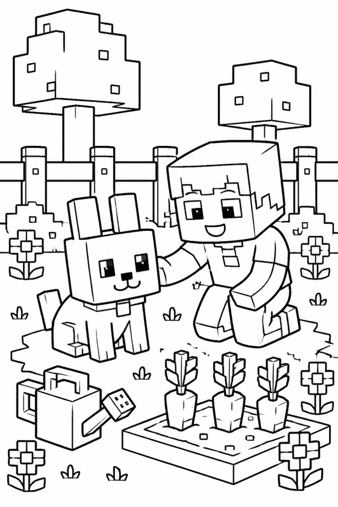 A cute pet in a garden with a smiling child and simple blocky plants.