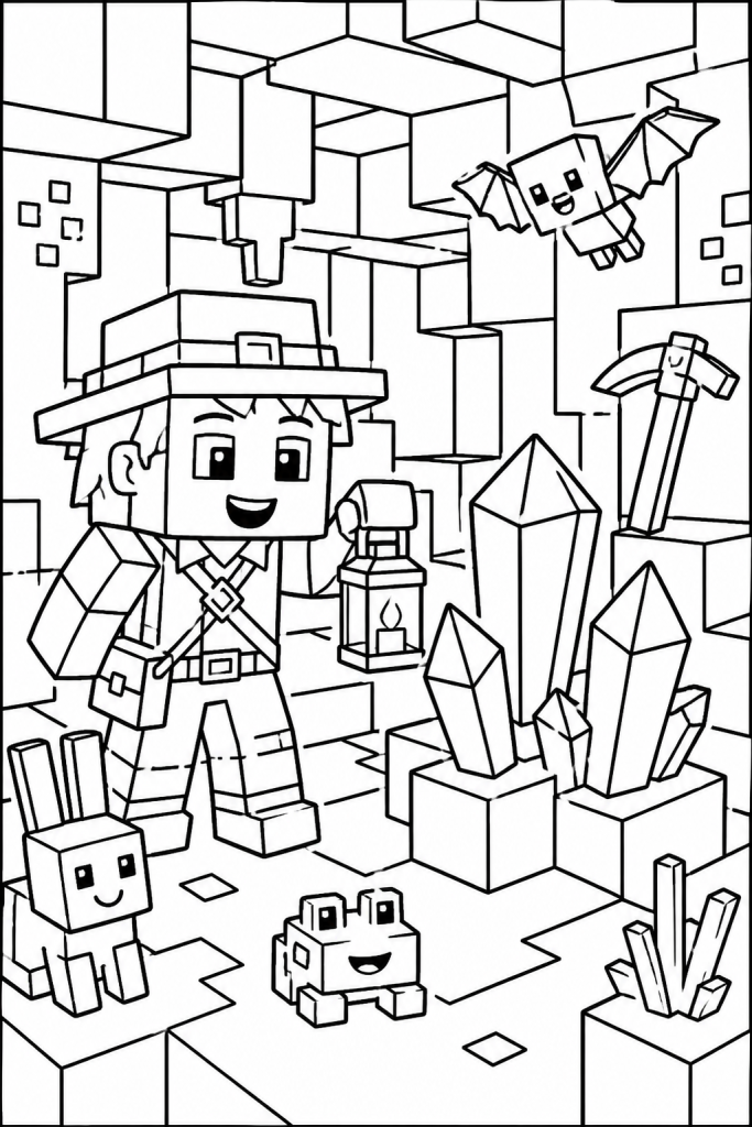 A child explorer finds sparkling gems in a friendly cave with cute critters.