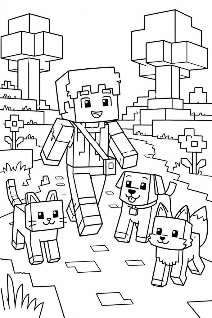 A child walks with cute pets along a path in a blocky world.