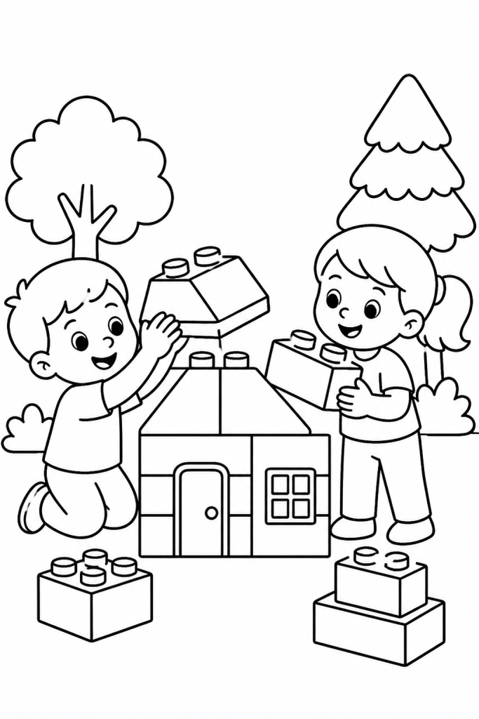 Two children building a tiny block house together.