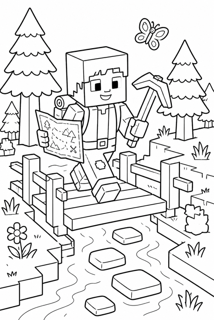A young explorer crossing a small bridge in a blocky forest world.