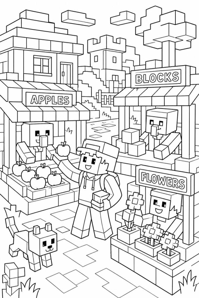 A child trades items at a friendly blocky village market.