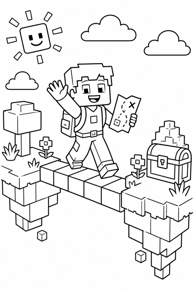 A child crosses a block bridge between floating islands with a map.