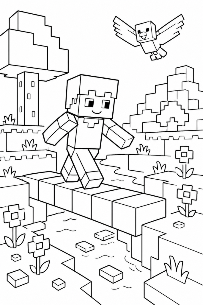 A child crossing a block bridge on a sandbox quest.