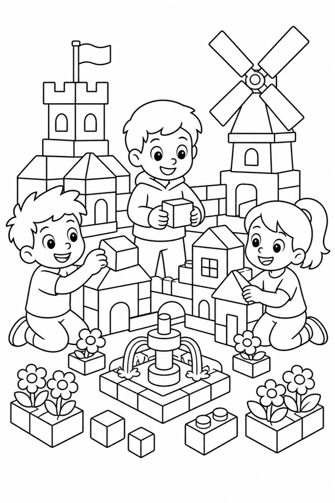 Three children building a fantasy village together in a blocky style.
