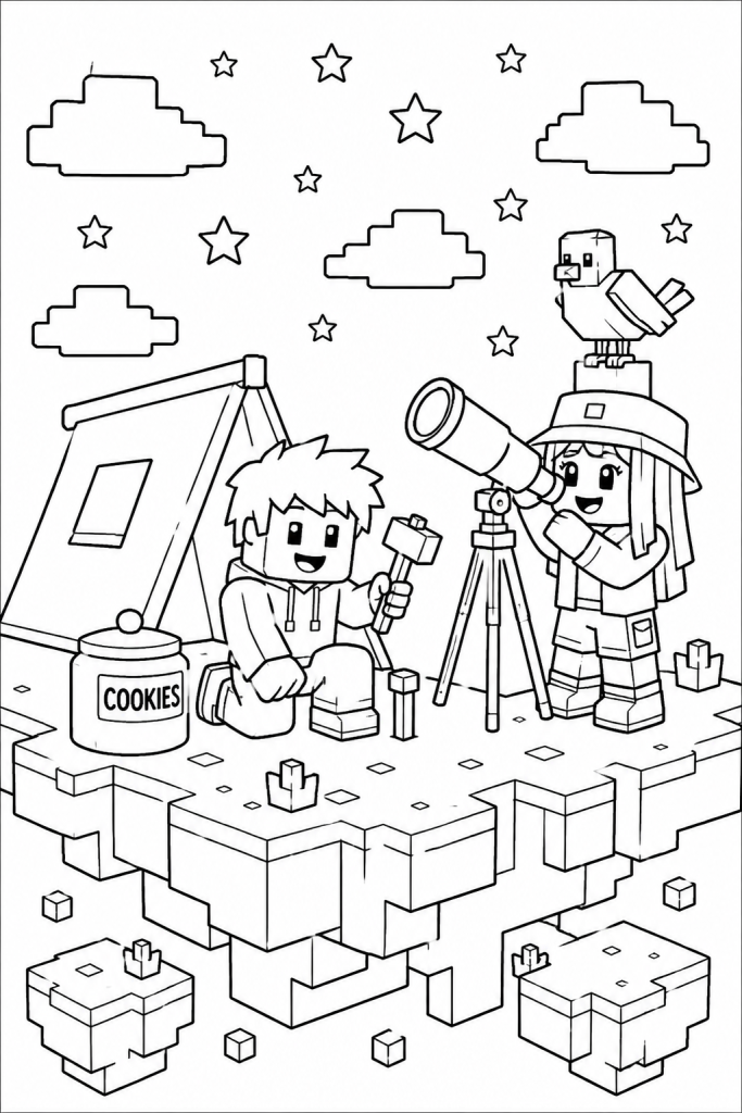 Two kids camping on floating platforms with a tent and telescope.