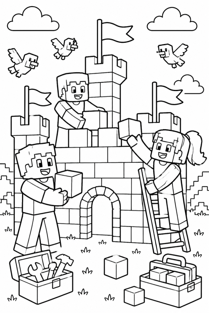 Three blocky characters building a small castle together.