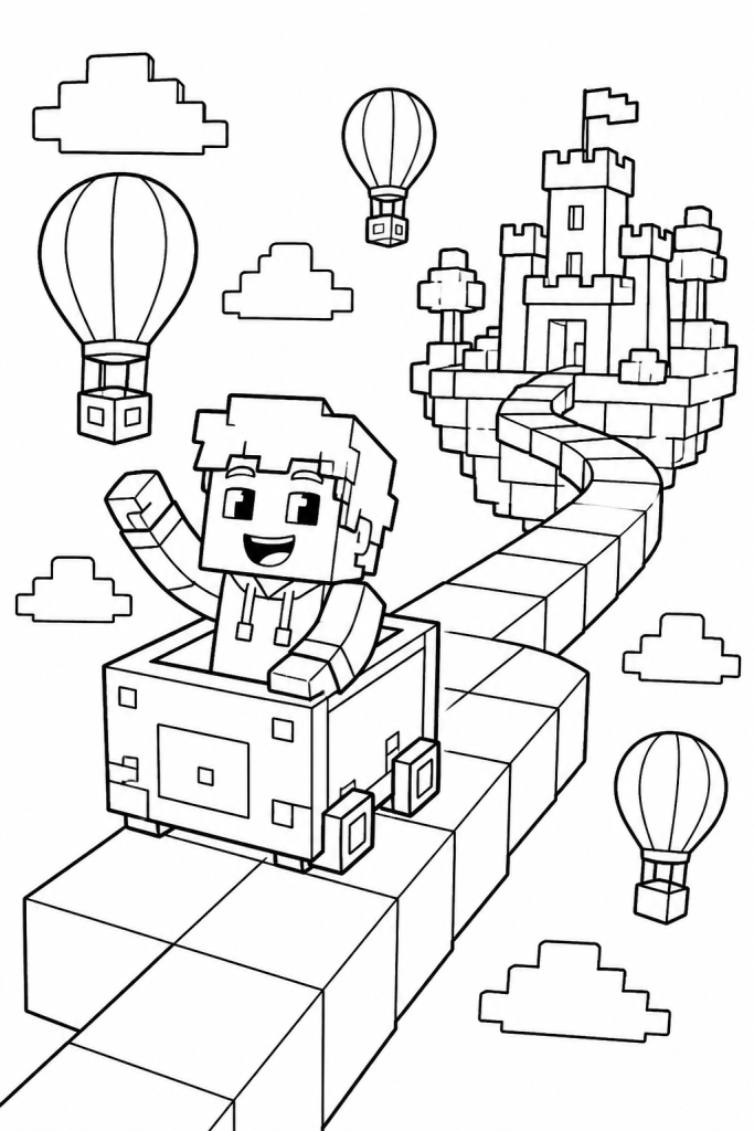 A child rides a cart across a sky bridge toward a castle in the clouds.