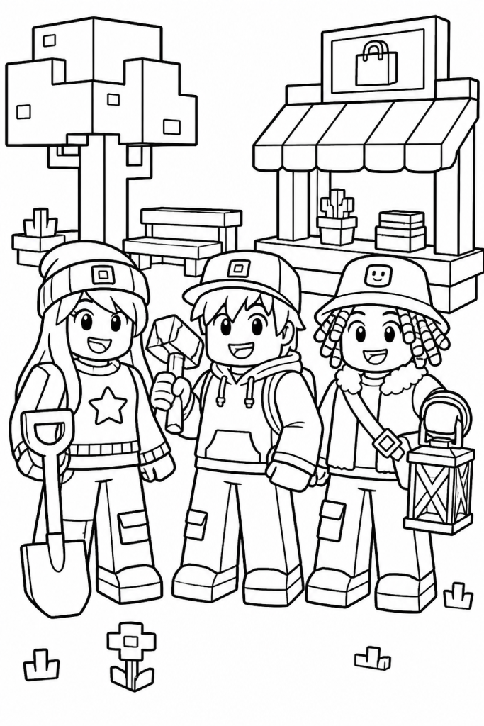 Three kids in different playful outfits stand in a simple blocky scene.