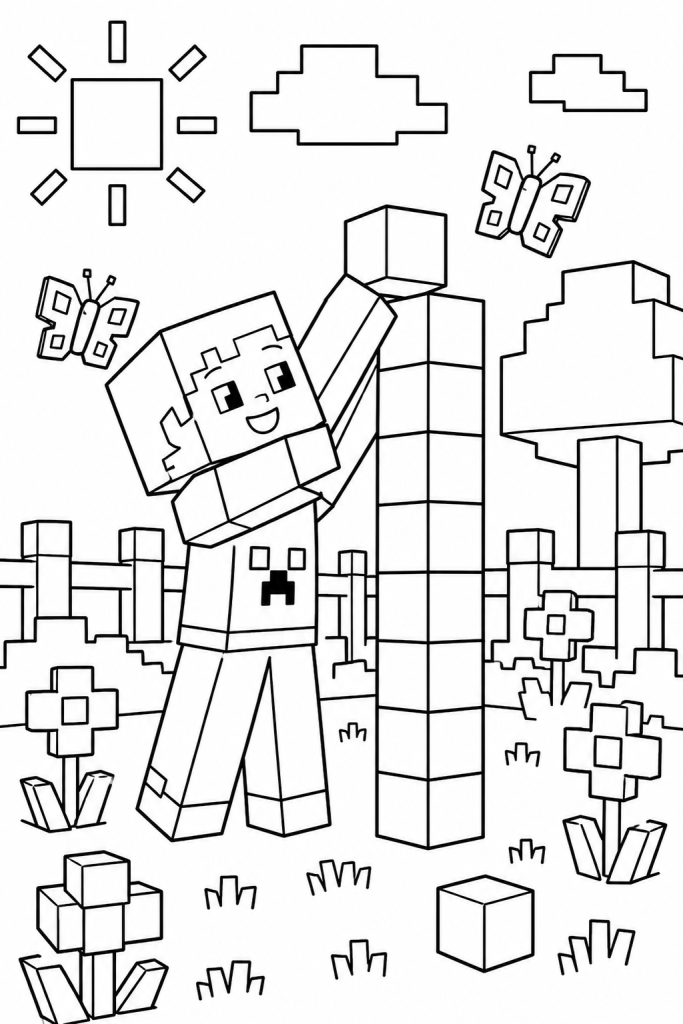 A child finishing a tall block tower in a garden.