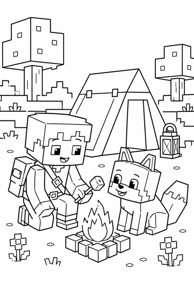 A blocky child adventurer with a friendly animal companion at a campsite.