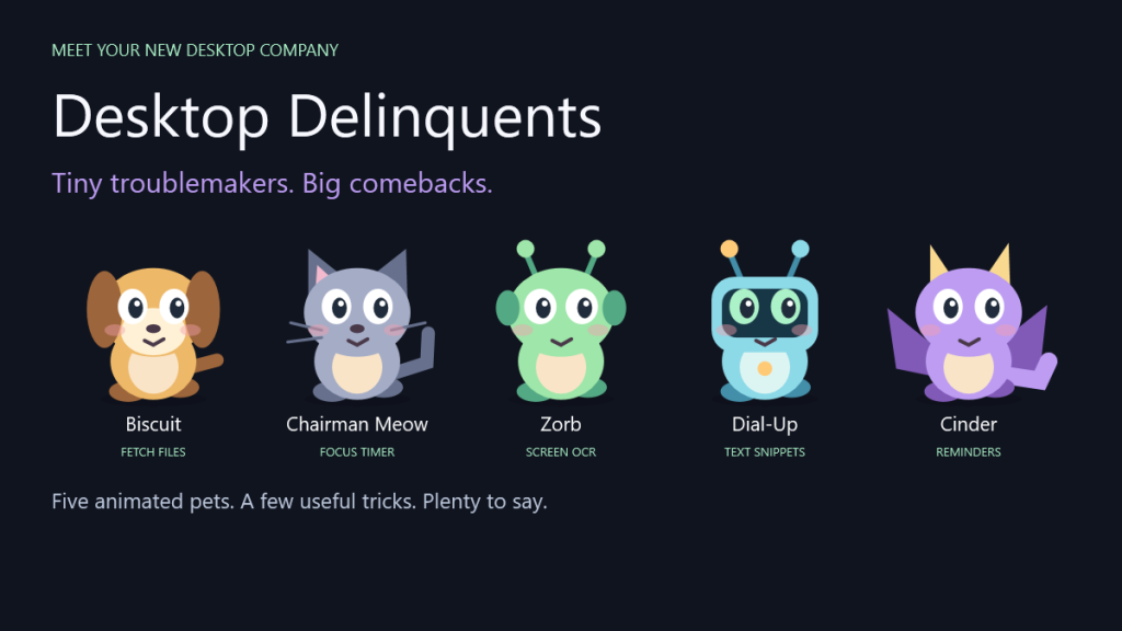 Meet the gang. Promotional composition using the application's actual pet artwork.