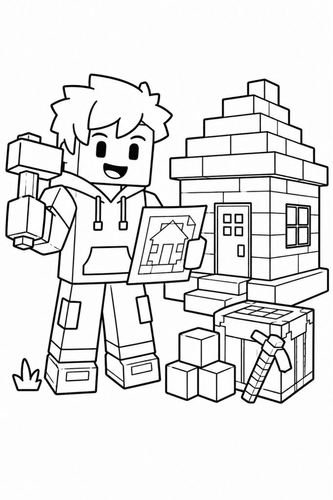 A friendly builder character beside a small block house with tools.