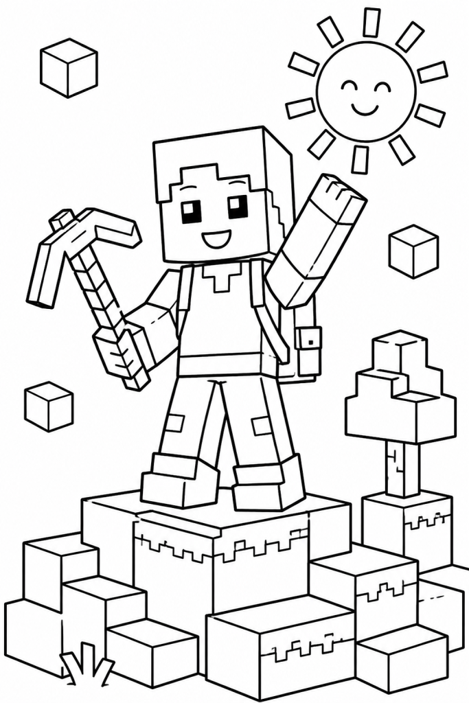 A friendly blocky adventurer holding a pickaxe on a simple hill.