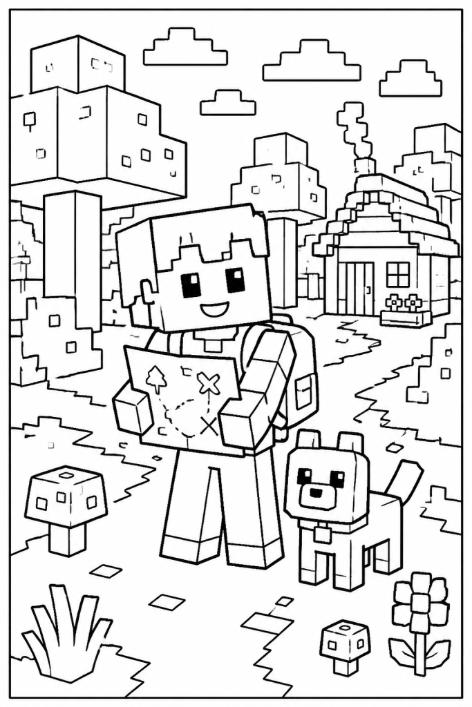 A friendly blocky explorer with a map in a cozy forest.