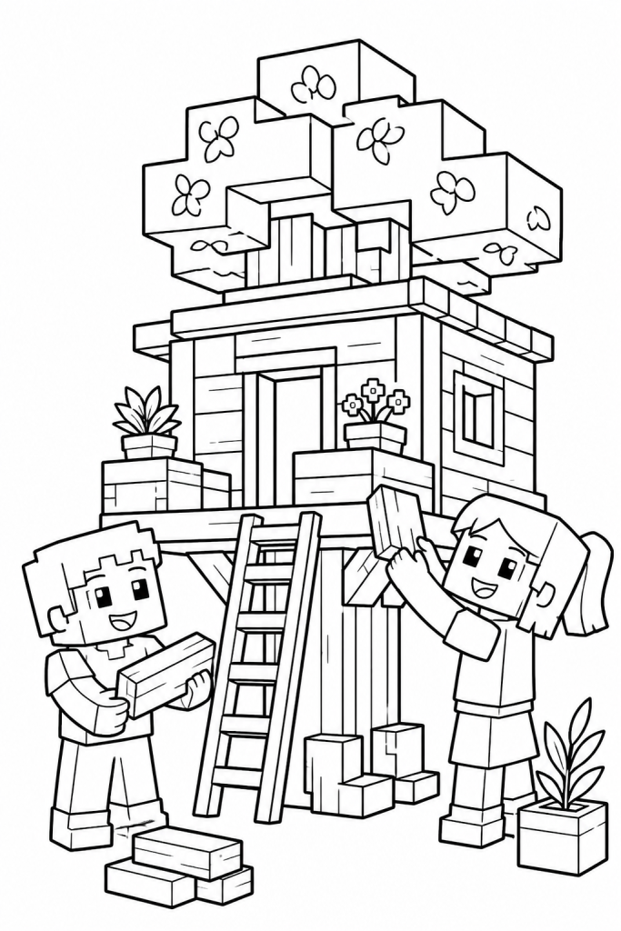 Two smiling kids building a small blocky treehouse together.