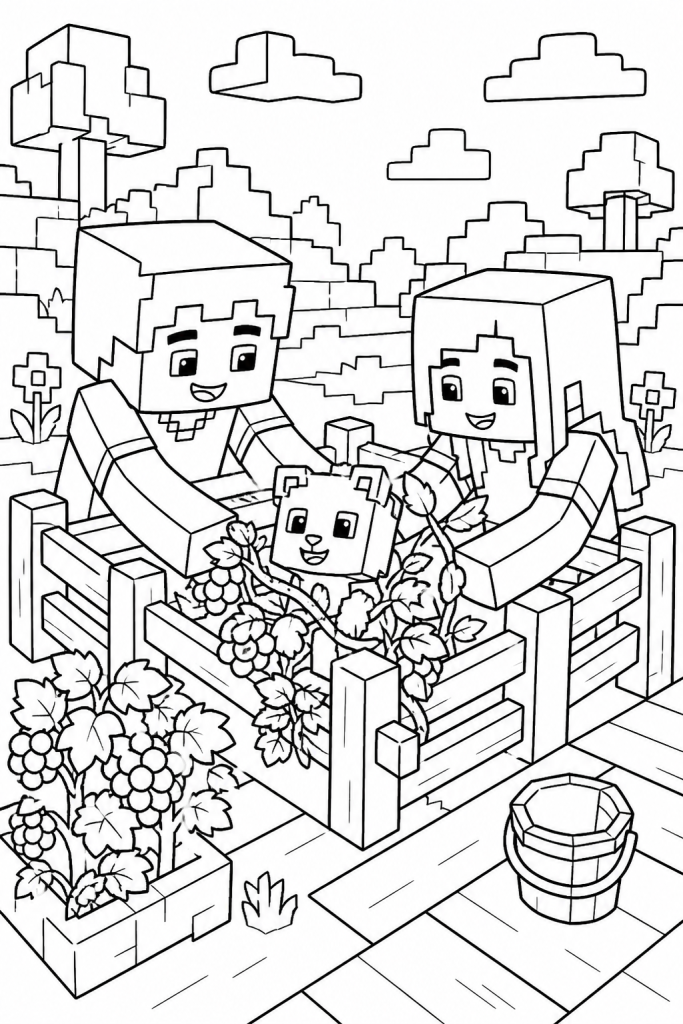 Two kids rescuing a cute animal in a blocky garden scene.