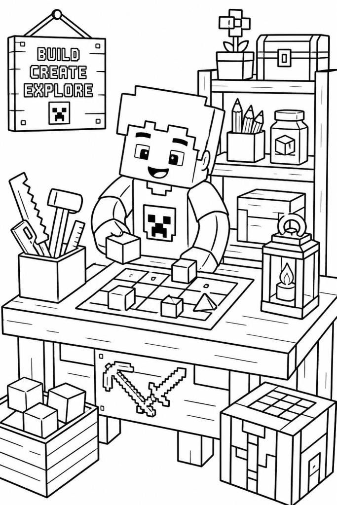 A child character crafting block shapes at a table.