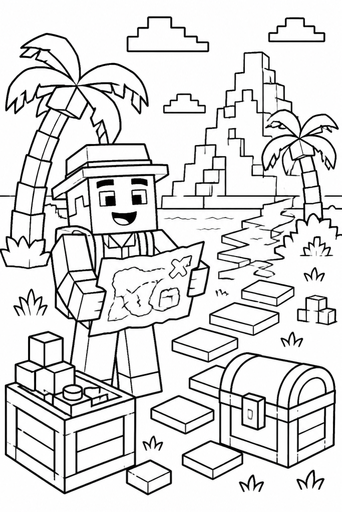 A blocky explorer with a treasure map next to blocks, a chest, and a path.