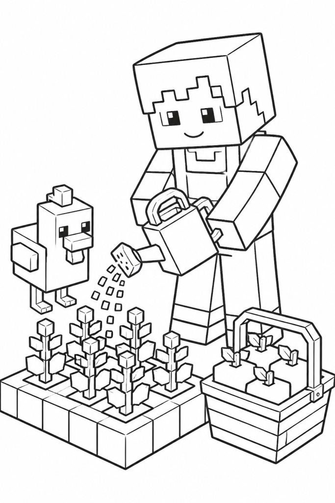 A child watering square crops near a chicken and basket of apples.