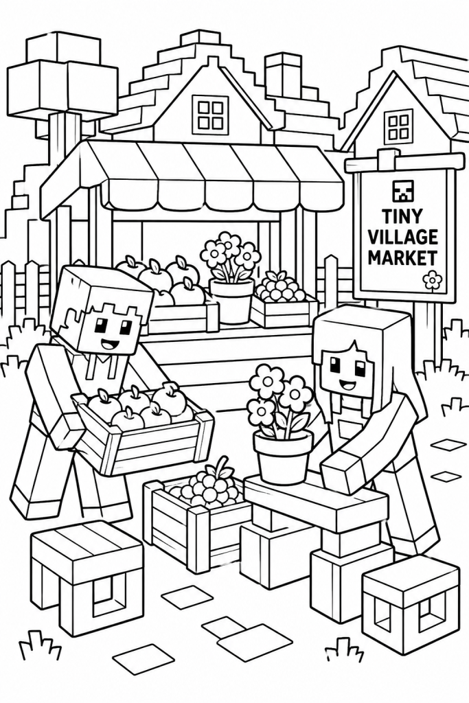 Two kids setting up a small village market with crates and flower pots.