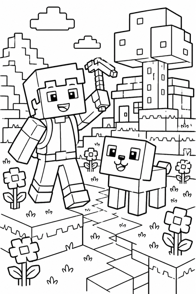 A child explorer standing with a friendly blocky creature.
