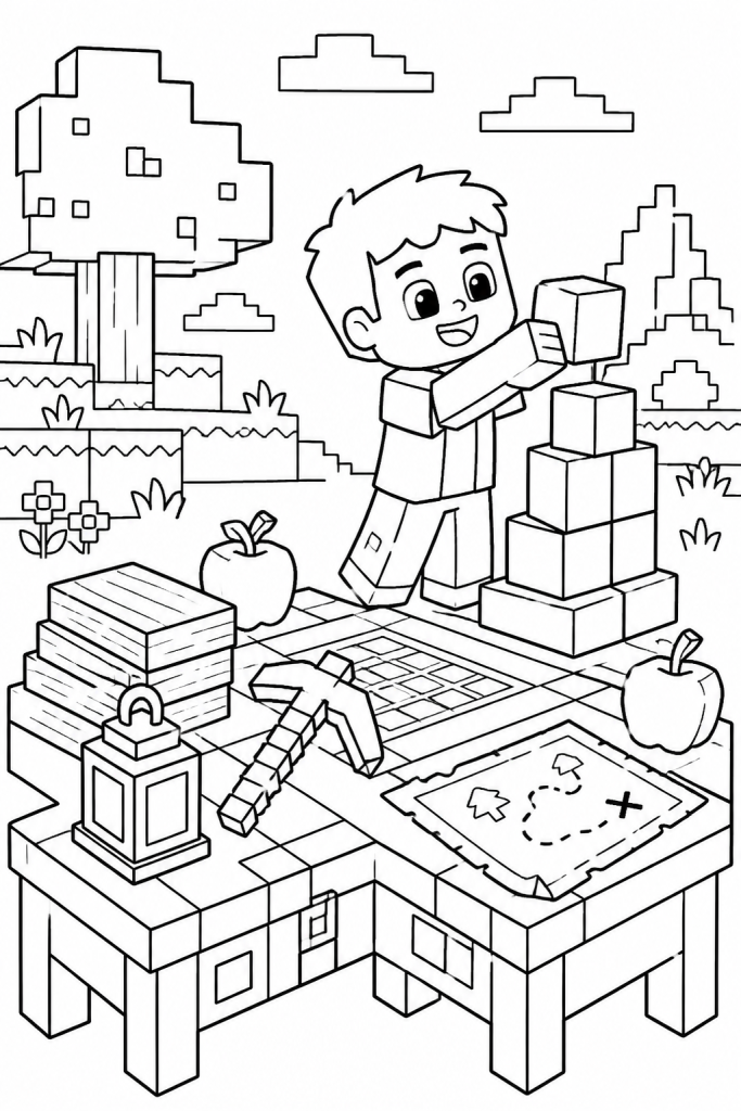 A crafting table with blocks, tools, and a child building a tower.