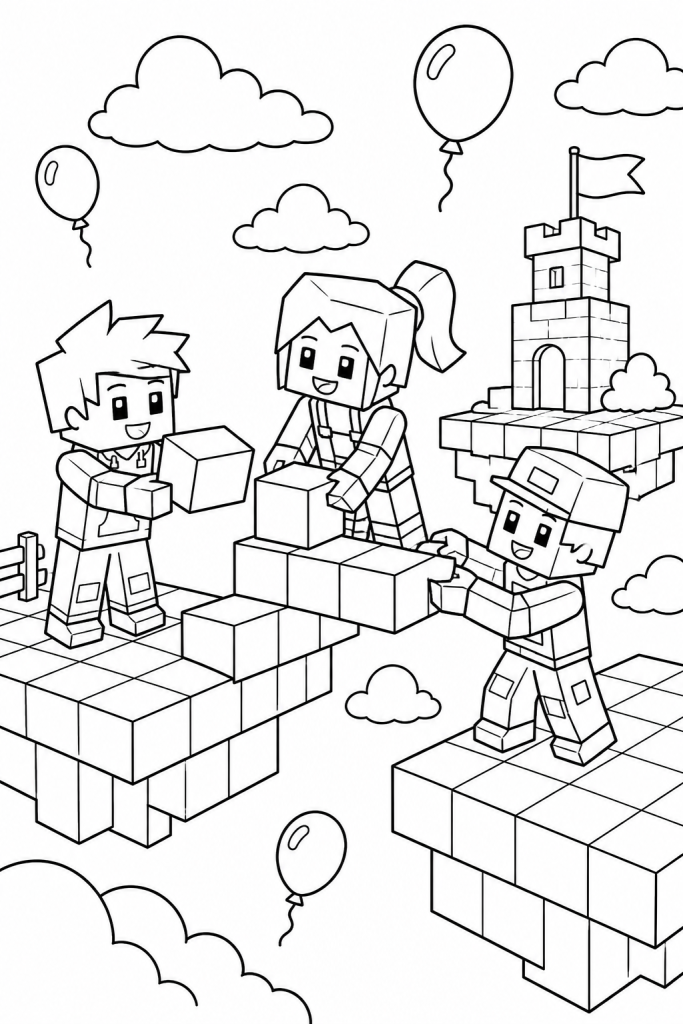 Three blocky friends building a bridge on floating sky platforms.