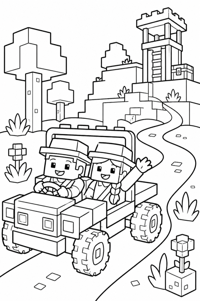Two kid explorers riding in a blocky cart through a simple landscape.