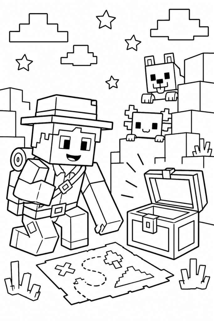 An explorer with a map and treasure chest while cute creatures watch nearby.