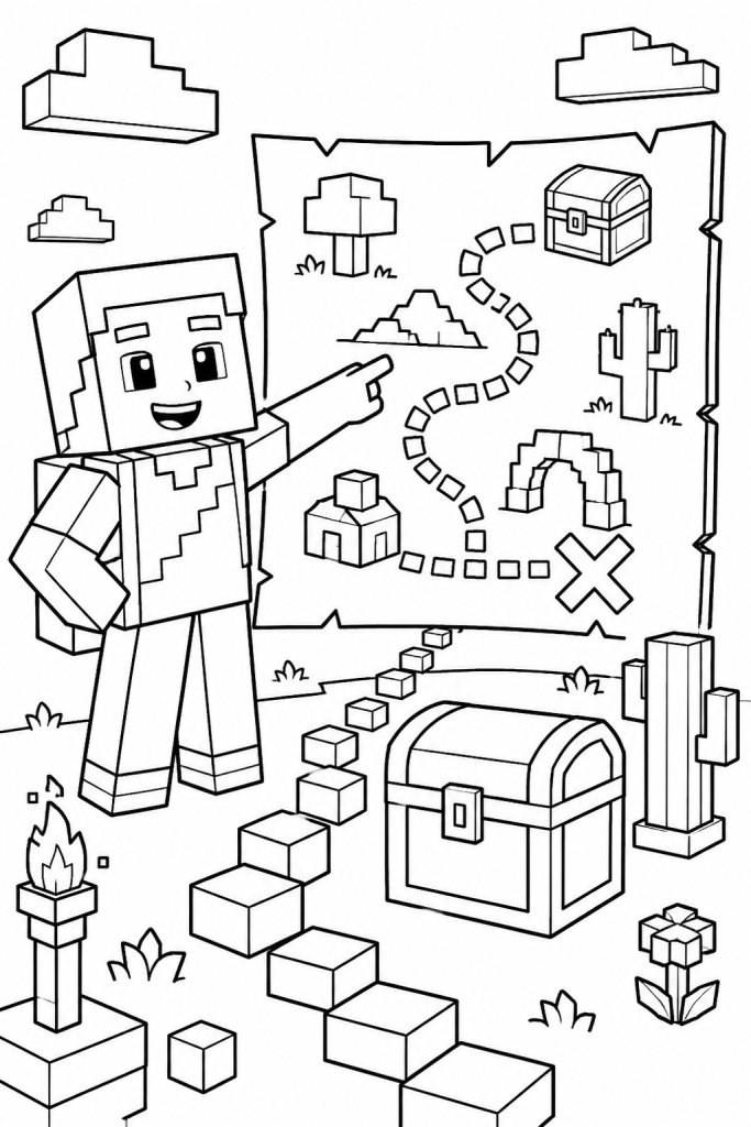 A cheerful character follows a treasure map to a chest.