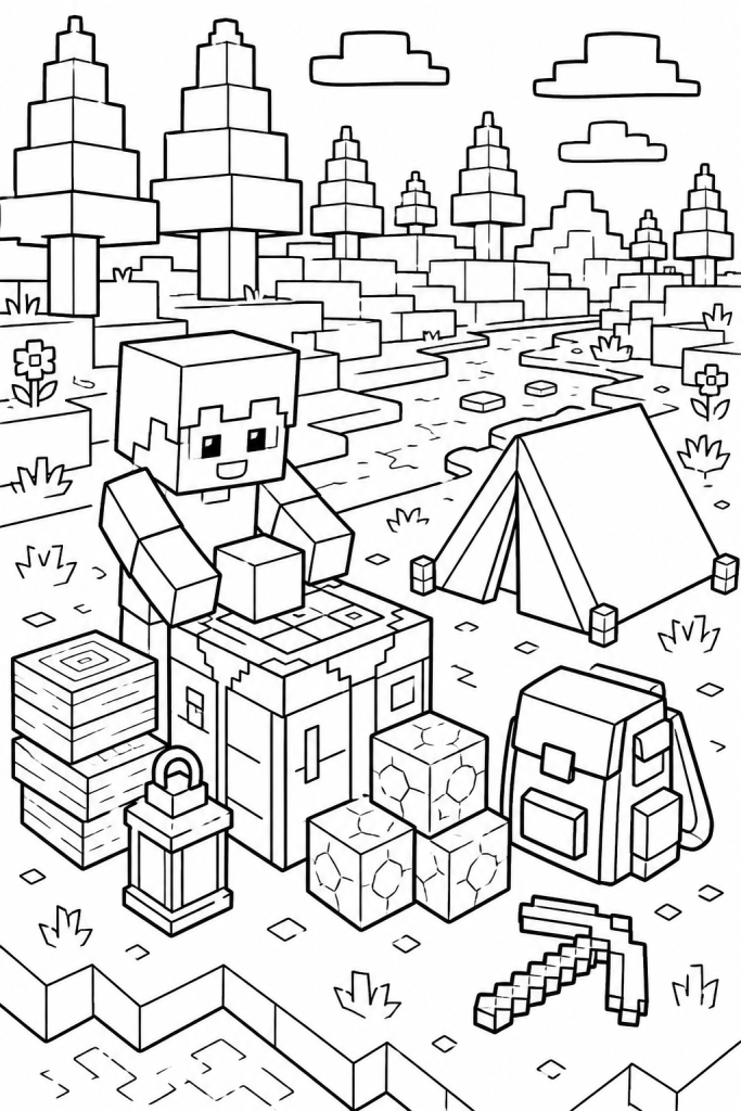 A blocky camping and crafting scene with a tent, crafting table, and supplies.