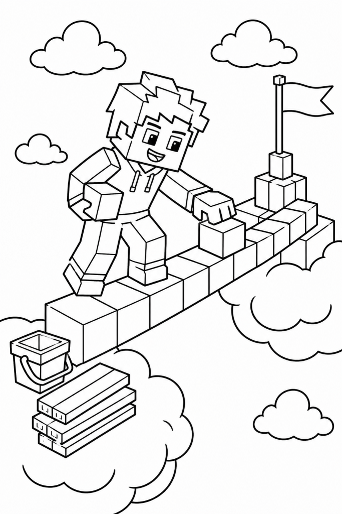 A builder placing blocks on a sky bridge in the clouds.