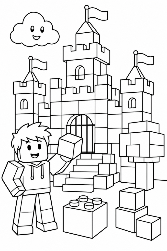 A child builder standing before a tall cube castle.